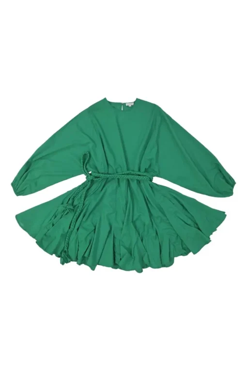 Green cotton poplin Ella bishop sleeve dress with braided rope belt and godet skirt inserts