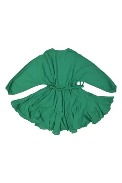Green cotton poplin Ella bishop sleeve dress with braided rope belt and godet skirt inserts