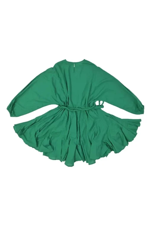 Green cotton poplin Ella bishop sleeve dress with braided rope belt and godet skirt inserts