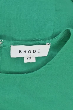 Green cotton poplin Ella bishop sleeve dress with braided rope belt and godet skirt inserts