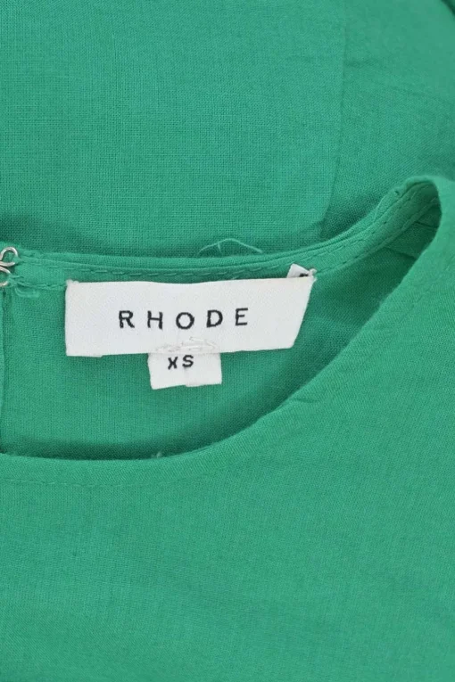 Green cotton poplin Ella bishop sleeve dress with braided rope belt and godet skirt inserts