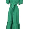 Green cotton poplin wrap-front tie-waist puff sleeve maxi dress with ruffle hem