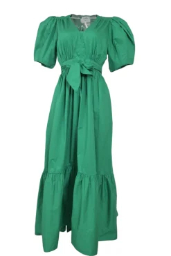 Green cotton poplin wrap-front tie-waist puff sleeve maxi dress with ruffle hem