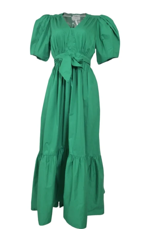 Green cotton poplin wrap-front tie-waist puff sleeve maxi dress with ruffle hem