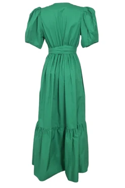 Green cotton poplin wrap-front tie-waist puff sleeve maxi dress with ruffle hem