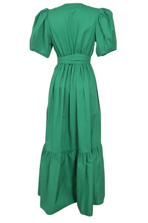 Green cotton poplin wrap-front tie-waist puff sleeve maxi dress with ruffle hem