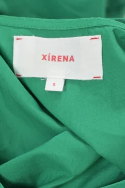 Green cotton poplin wrap-front tie-waist puff sleeve maxi dress with ruffle hem
