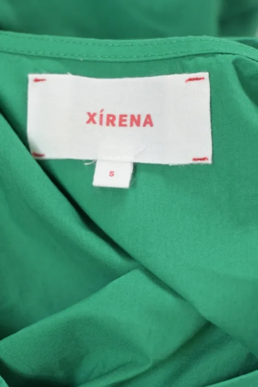 Green cotton poplin wrap-front tie-waist puff sleeve maxi dress with ruffle hem