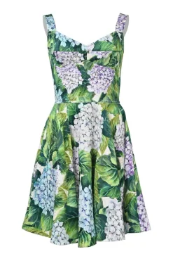 Green cotton-blend floral print bustier skater mini dress