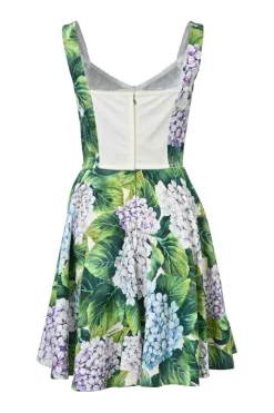 Green cotton-blend floral print bustier skater mini dress