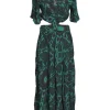 Green crinkle viscose abstract print plunge neck half-sleeve open-back midi dress with side cutouts