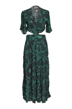 Green crinkle viscose abstract print plunge neck half-sleeve open-back midi dress with side cutouts