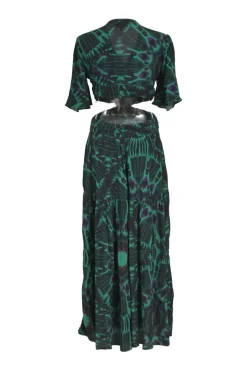 Green crinkle viscose abstract print plunge neck half-sleeve open-back midi dress with side cutouts