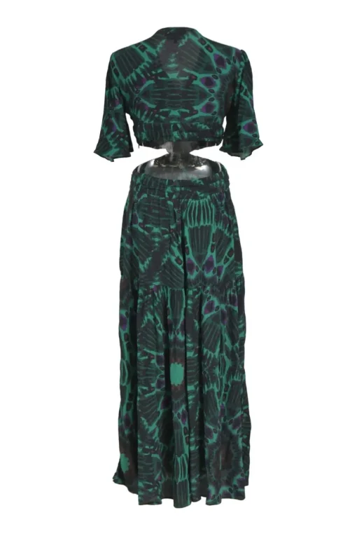 Green crinkle viscose abstract print plunge neck half-sleeve open-back midi dress with side cutouts