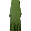 Green draped raw-edge silk-blend cold-shoulder racerback column slip