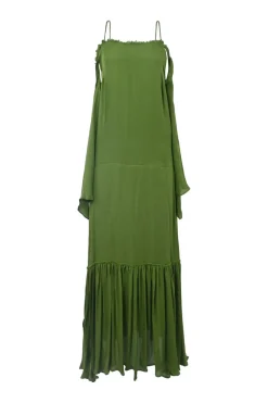 Green draped raw-edge silk-blend cold-shoulder racerback column slip