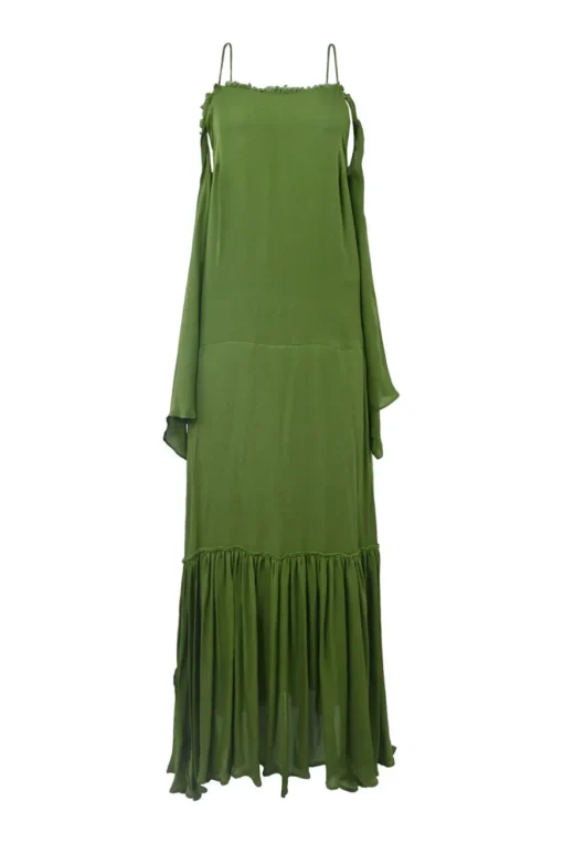 Green draped raw-edge silk-blend cold-shoulder racerback column slip