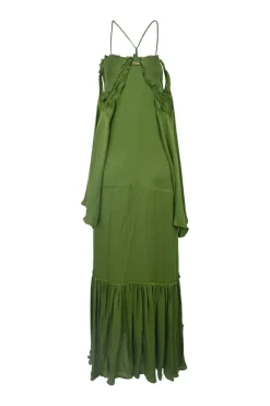 Green draped raw-edge silk-blend cold-shoulder racerback column slip