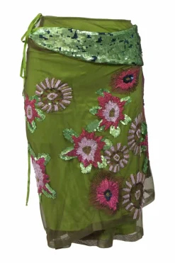 Green embellished nylon-silk blend floral convertible wrap tie-waist pencil skirt featuring iridescent sequin appliqué