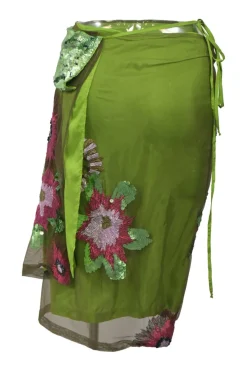 Green embellished nylon-silk blend floral convertible wrap tie-waist pencil skirt featuring iridescent sequin appliqué