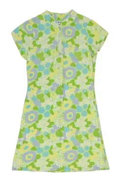 Green floral print keyhole front Qipao inspired A-line mini dress with button-loop fastening at centre front