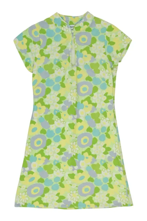 Green floral print keyhole front Qipao inspired A-line mini dress with button-loop fastening at centre front