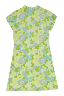 Green floral print keyhole front Qipao inspired A-line mini dress with button-loop fastening at centre front