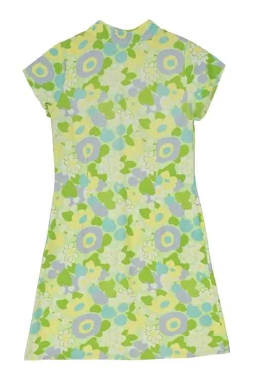 Green floral print keyhole front Qipao inspired A-line mini dress with button-loop fastening at centre front