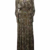 Green floral print metallic pinstripe silk V-neck Monali maxi dress