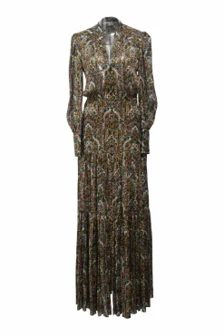 Green floral print metallic pinstripe silk V-neck Monali maxi dress