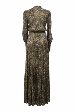 Green floral print metallic pinstripe silk V-neck Monali maxi dress