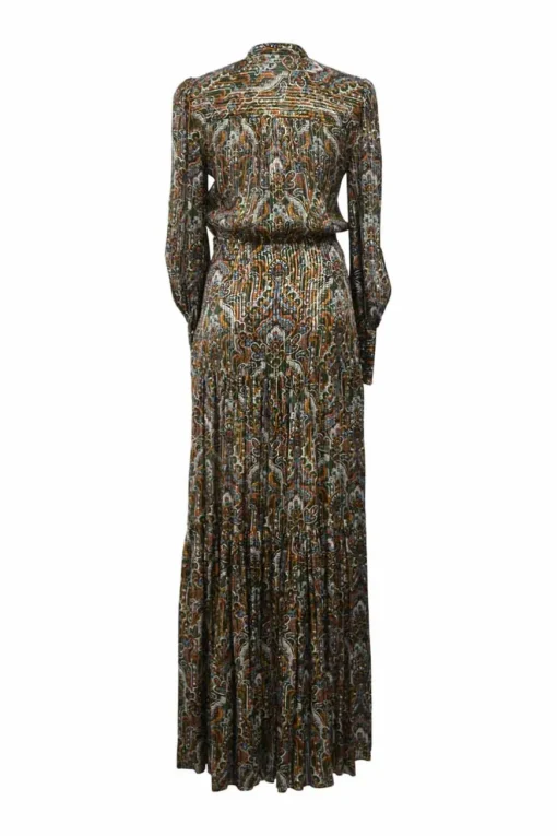 Green floral print metallic pinstripe silk V-neck Monali maxi dress