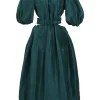 Green gathered midi A-line dress with balloon sleeves and ribbon-tie cutout waist
