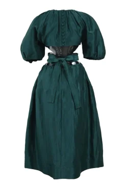 Green gathered midi A-line dress with balloon sleeves and ribbon-tie cutout waist