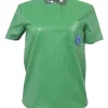 Green lambskin leather short sleeve top featuring logo-emblazoned chest patch pocket
