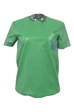 Green lambskin leather short sleeve top featuring logo-emblazoned chest patch pocket