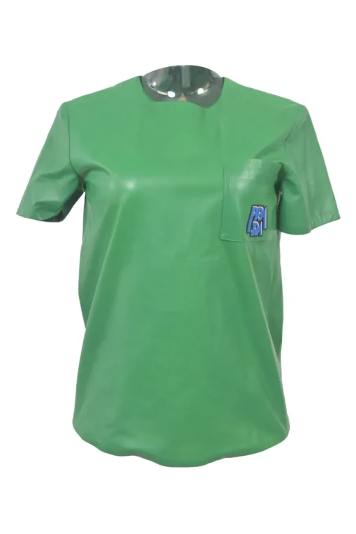Green lambskin leather short sleeve top featuring logo-emblazoned chest patch pocket