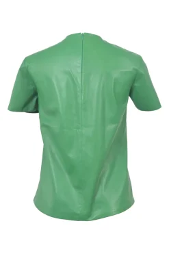 Green lambskin leather short sleeve top featuring logo-emblazoned chest patch pocket