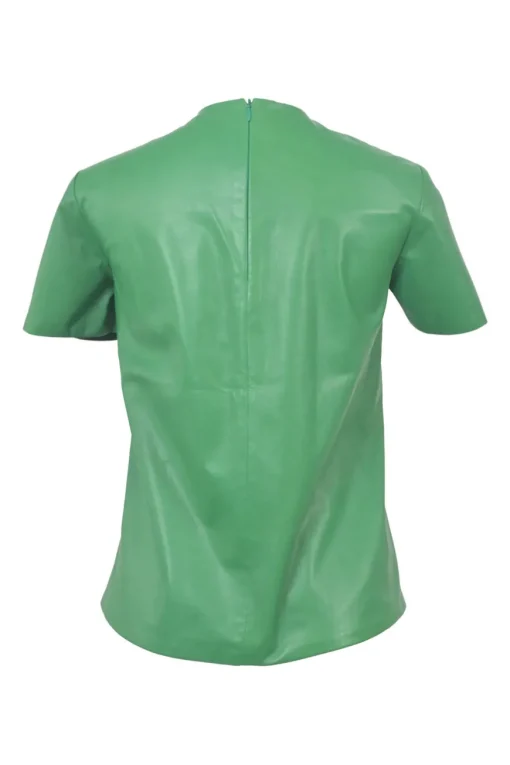 Green lambskin leather short sleeve top featuring logo-emblazoned chest patch pocket