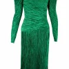 Green lame pleated midi dress with leg-of-mutton sleeves