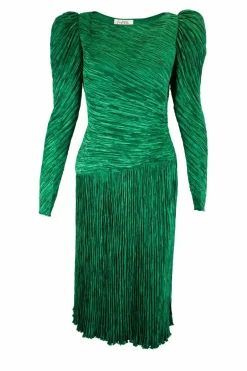 Green lame pleated midi dress with leg-of-mutton sleeves