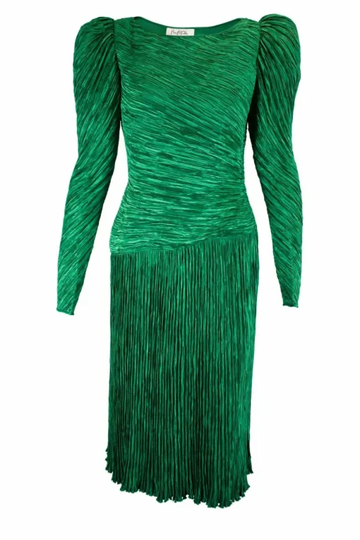 Green lame pleated midi dress with leg-of-mutton sleeves