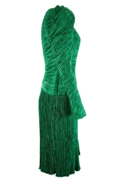 Green lame pleated midi dress with leg-of-mutton sleeves