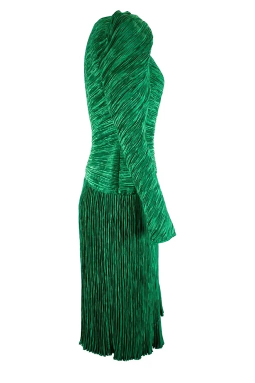 Green lame pleated midi dress with leg-of-mutton sleeves