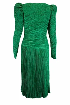 Green lame pleated midi dress with leg-of-mutton sleeves