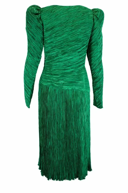 Green lame pleated midi dress with leg-of-mutton sleeves