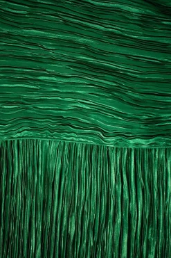 Green lame pleated midi dress with leg-of-mutton sleeves