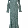 Green marled viscose-blend flat rib plunge neck long sleeve flounce dress