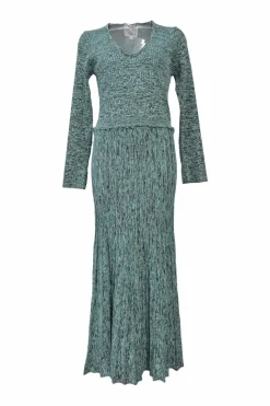 Green marled viscose-blend flat rib plunge neck long sleeve flounce dress