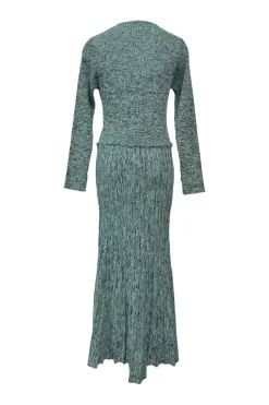 Green marled viscose-blend flat rib plunge neck long sleeve flounce dress